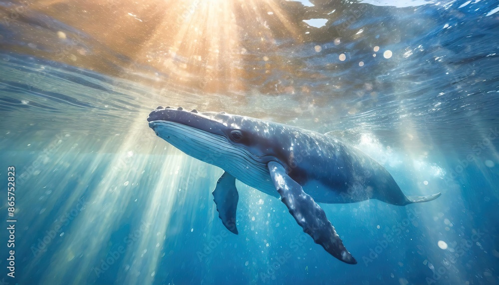 Fototapeta premium Majestic Humpback Whale Under Sunlit Ocean