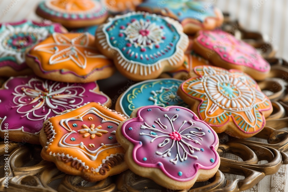 A stunning array of birthday cookies decorated with intricate icing patterns, arranged on a decorative platter. A stunning array of birthday cookies decorated with intricate icing patterns, arranged on a decorative platter.
