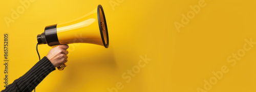 Hand holding megaphone on a yellow background with space for copy or message, banner design