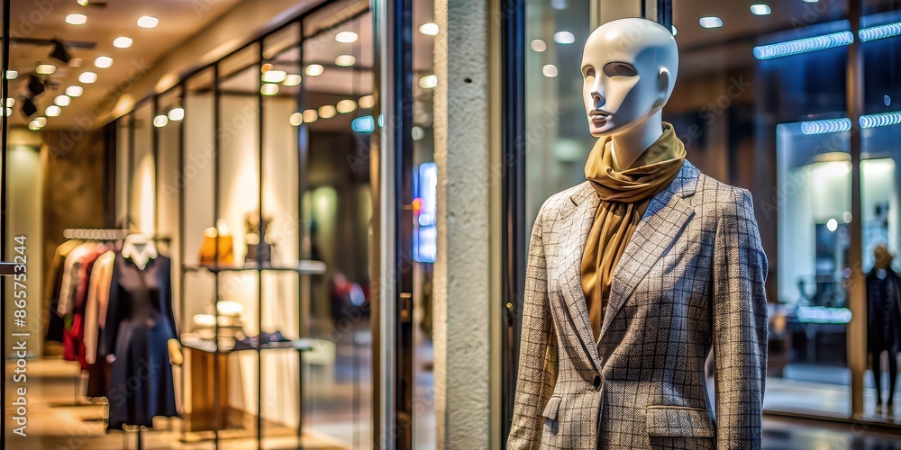 Mannequin dressed in a stylish outfit in a shop window , fashion, display, retail, store, window, mannequin, clothing, outfit Mannequin dressed in a stylish outfit in a shop window , fashion, display, retail, store, window, mannequin, clothing, outfit