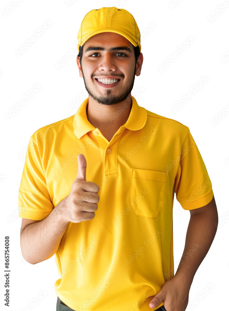 Young Latino man in a yellow uniform and cap, smiling and giving thumbs up, isolated on a transparent background. Young Latino man in a yellow uniform and cap, smiling and giving thumbs up, isolated on a transparent background.
