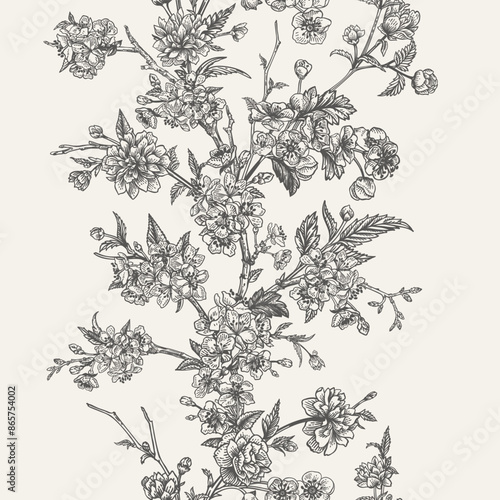Vintage vertical seamless border with cherry and kerry flowers. Blooming branches of garden trees. Floral pattern. Botanical.