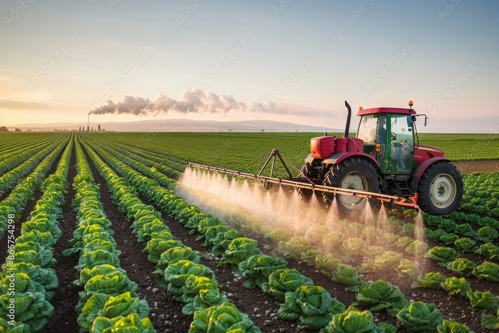 Fototapeta premium A red tractor is spraying a field of lettuce