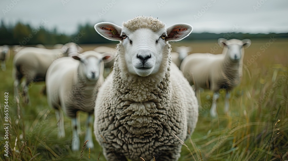 A sheep is standing in a field with other sheep. Concept of calm and peacefulness, as the sheep are grazing in a natural setting A sheep is standing in a field with other sheep. Concept of calm and peacefulness, as the sheep are grazing in a natural setting