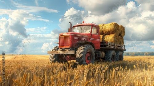 A red tractor is driving through a field of tall golden wheat. The tractor is carrying a load of hay, and the sky is cloudy
