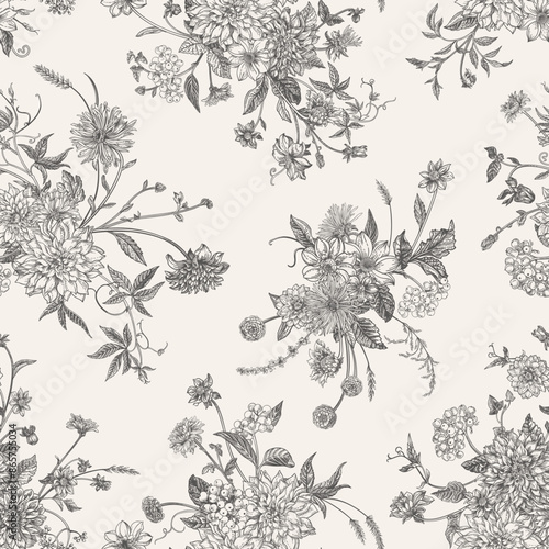 Seamless floral pattern with summer and autumn flowers. Engraving style. Black and white.