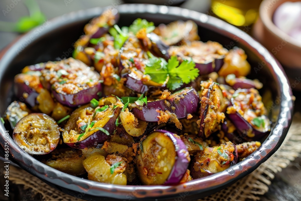 Indian recipe for crispy eggplant cooked in a pan with selective focus Indian recipe for crispy eggplant cooked in a pan with selective focus
