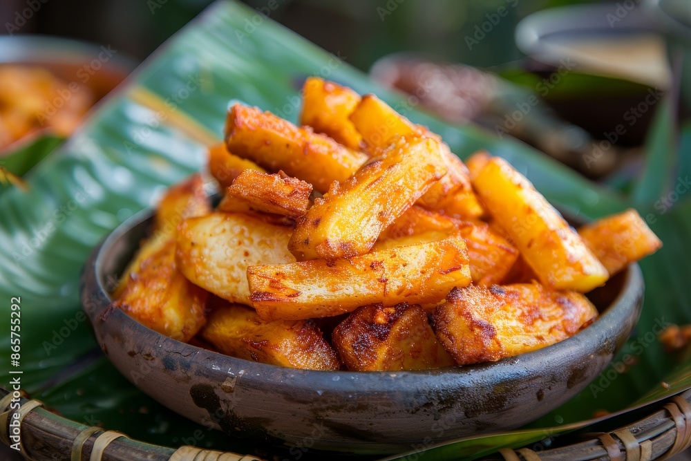 Famous snack made from fried cassava served on banana leaf with tea or coffee Famous snack made from fried cassava served on banana leaf with tea or coffee