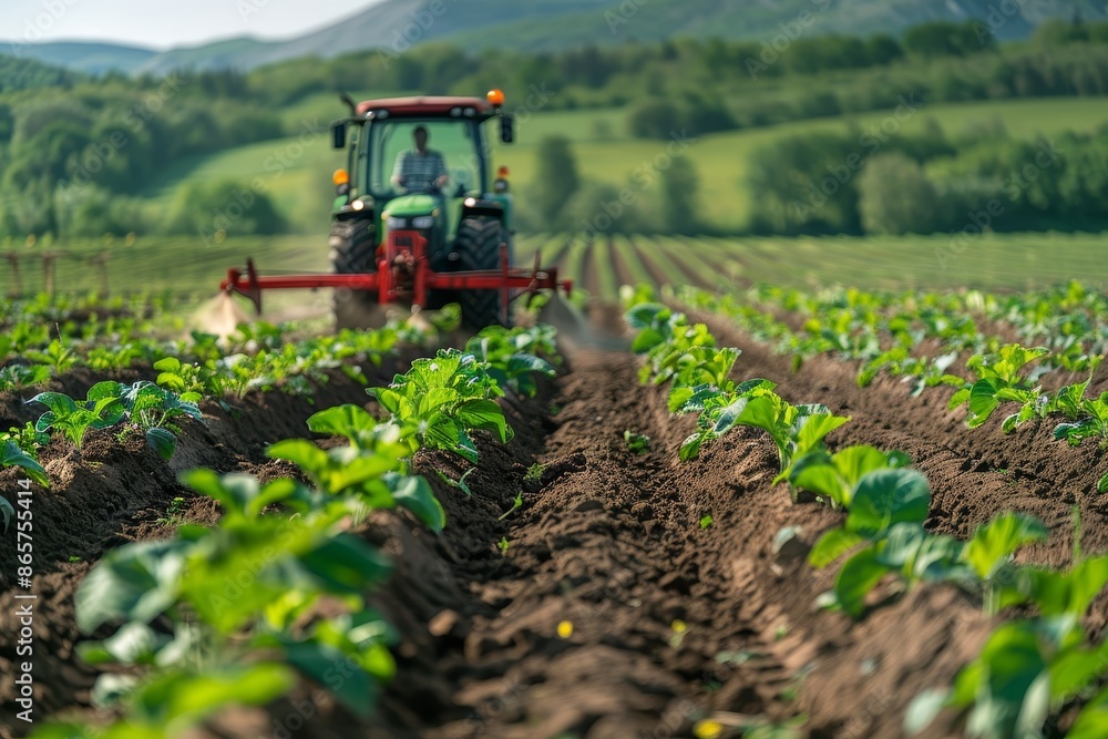 Farmer on tractor aerates soil for Riviera potato crop Farmer on tractor aerates soil for Riviera potato crop