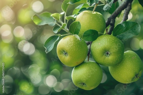 A bunch of green apples hanging from a tree. The apples are shiny and fresh. Concept of abundance and natural beauty