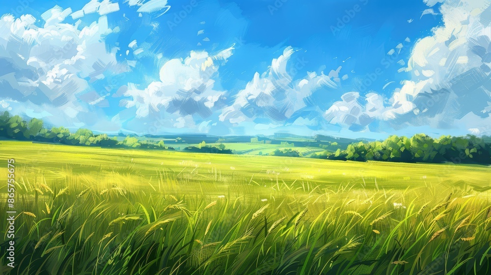 Fototapeta premium A painting of a field with a blue sky and clouds. The sky is clear and the grass is tall