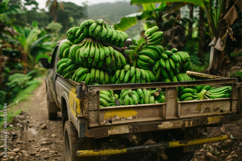 Obraz premium Farmers transporting fresh green bananas from forest villages to city for sale