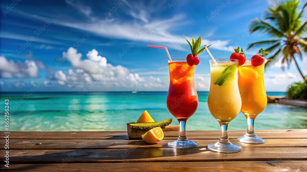 Tropical cocktails on a beach bar with ocean background, cocktails ...