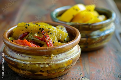 Homemade Indian pickles of red green chili mango and lemon also known as Mirchi Aam and Nimbu ka achar served in ceramic bowls with selective photo