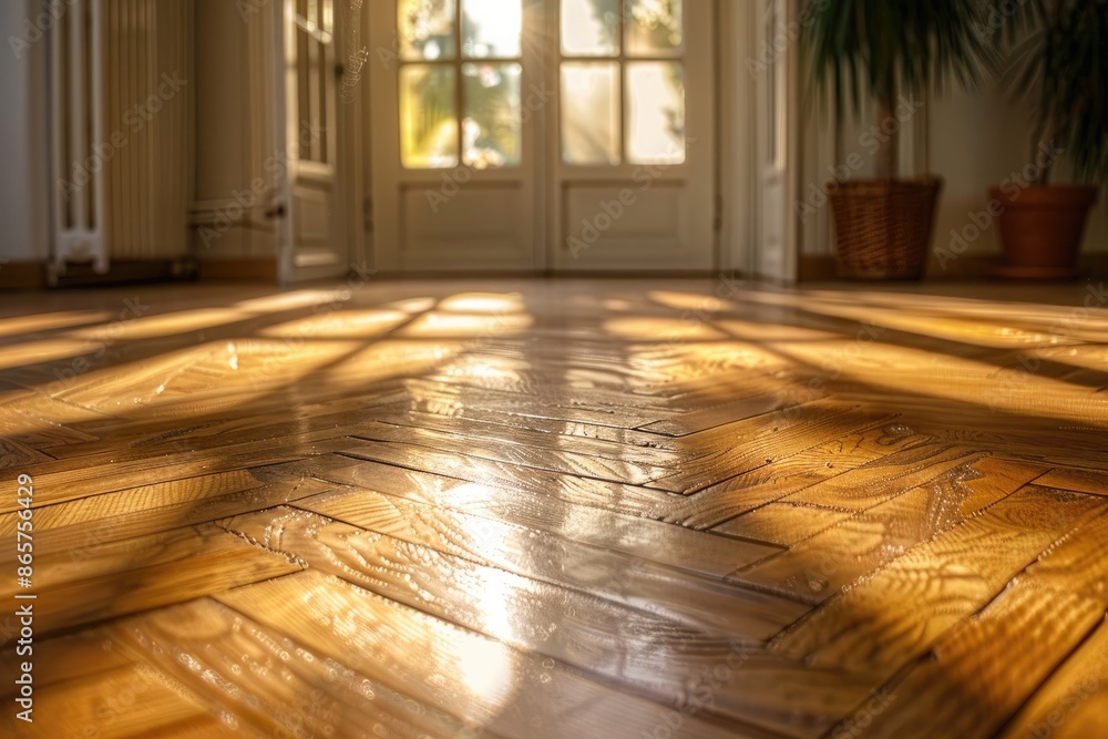 A room with a large window and a door. The floor is made of wood and the room is very bright A room with a large window and a door. The floor is made of wood and the room is very bright