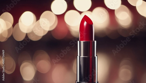 Red lipstick on bokeh background, ai