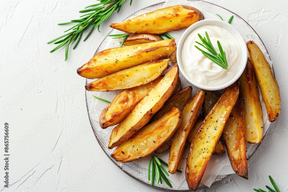 Homemade potato fries with mayo and rosemary on wood board Homemade potato fries with mayo and rosemary on wood board
