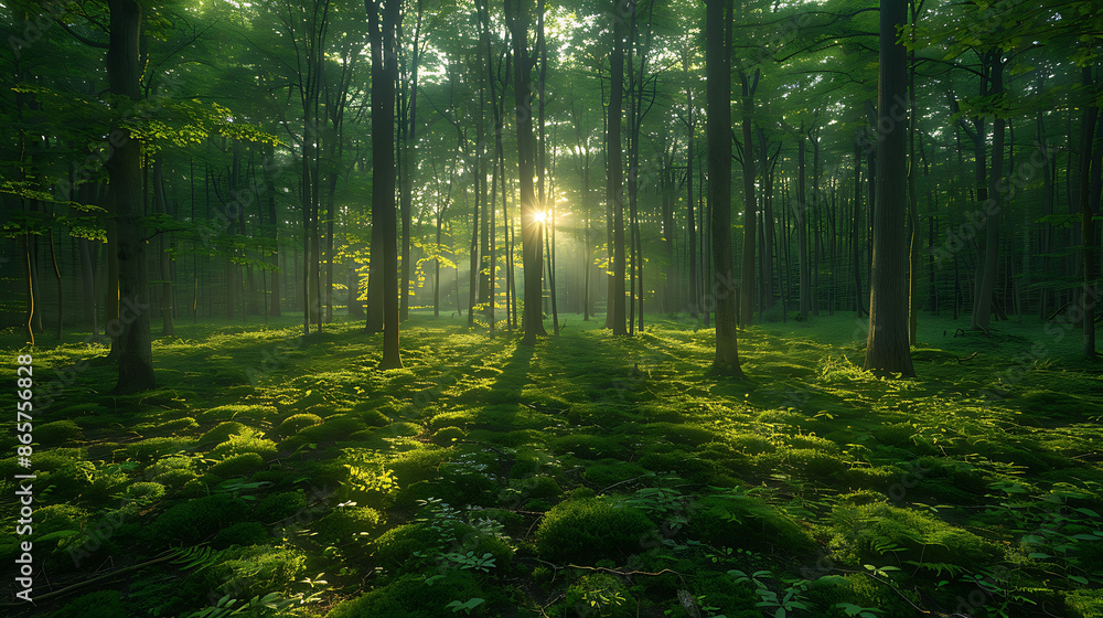 Fototapeta premium Temperate forest teeming biodiversity featuring diverse plant and animal species 