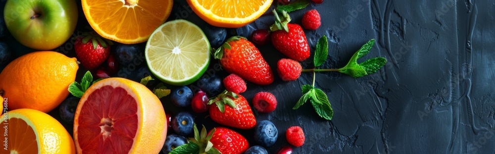 Assorted Fresh Fruits on dark, background Assorted Fresh Fruits on dark, background