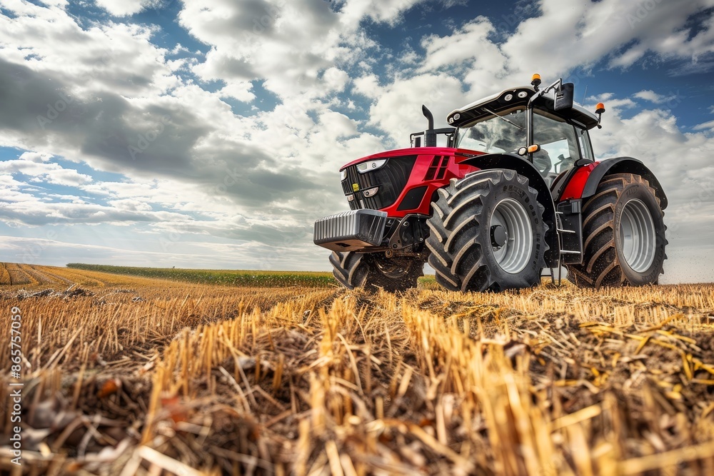 Fototapeta premium Image of red tractor using GPS for precision farming in field during cloudy summer autumn day