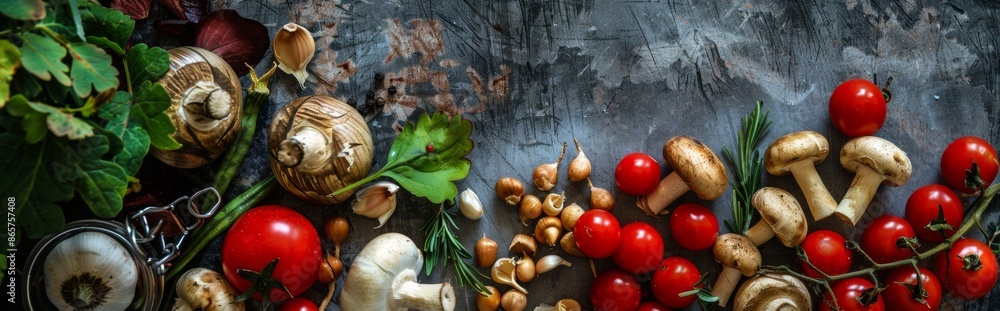 Assorted fresh vegetables and herbs on a rustic surface Assorted fresh vegetables and herbs on a rustic surface
