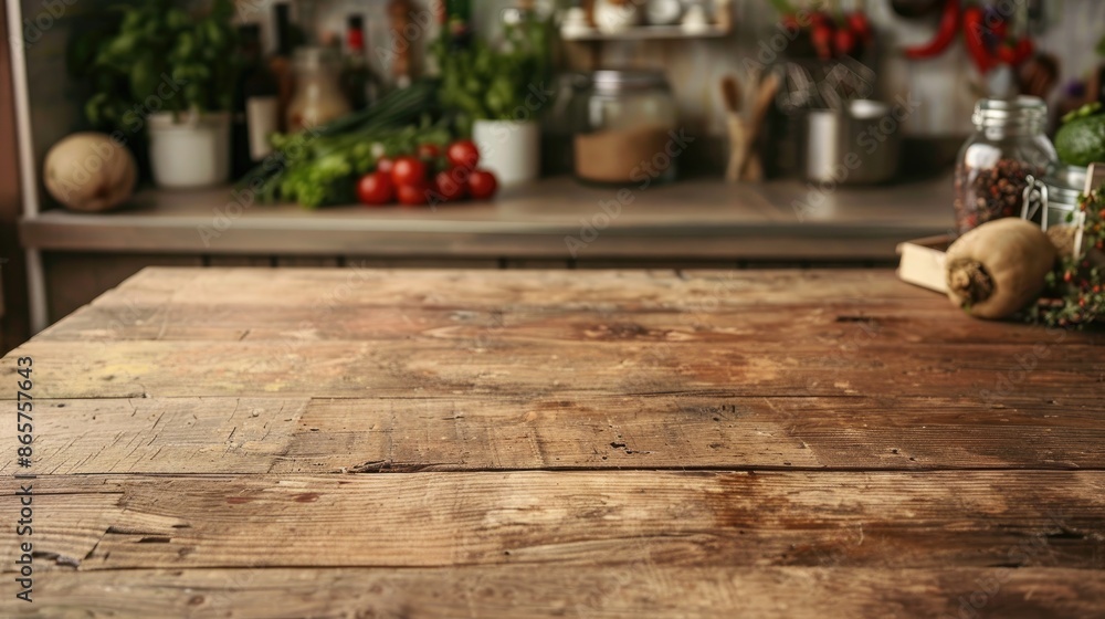 Top view of rustic kitchen table with vegan food ingredients in background Top view of rustic kitchen table with vegan food ingredients in background