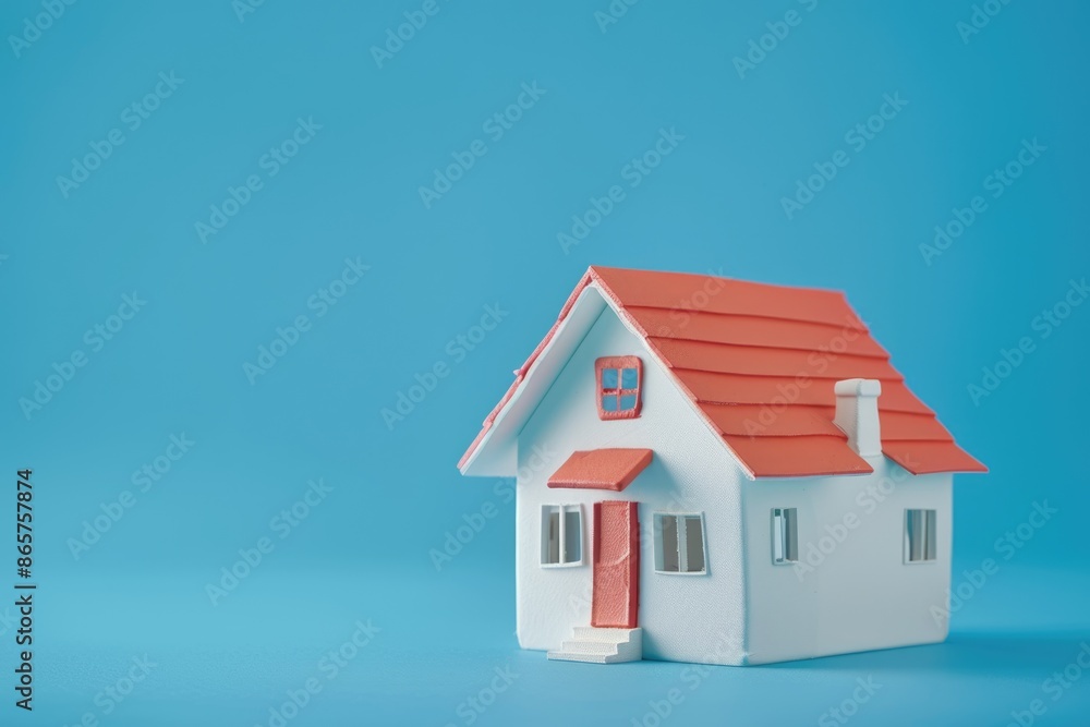 Plastic house model on blue background symbolizes real estate. Plastic house model on blue background symbolizes real estate.