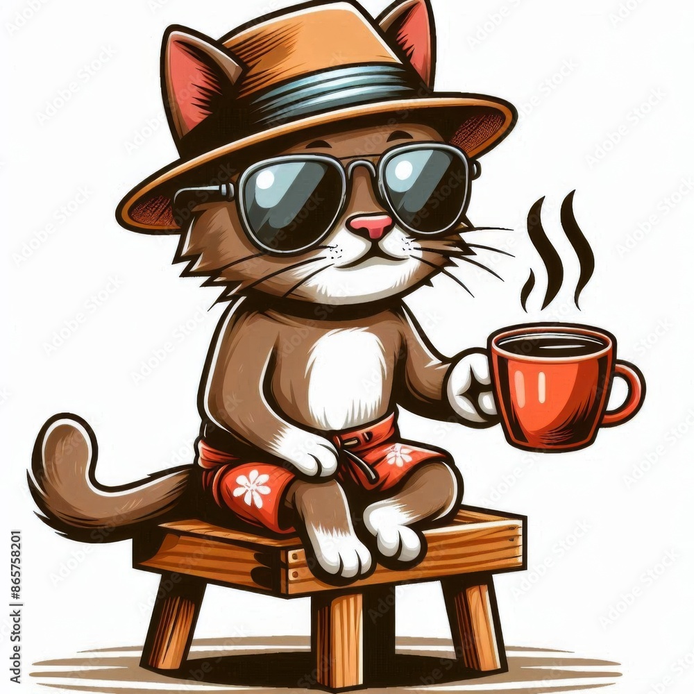 Naklejka premium The image features a cartoon cat wearing sunglasses and a hat, sitting on a stool. The cat appears to be holding a cup of coffee., illustration