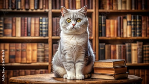 Adorable grey and white British Shorthair cat sits engrossed in novel amidst neatly stacked vintage tomes on wooden bookshelf background.