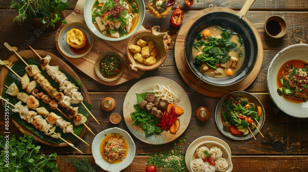 A Variety of Traditional Asian Dishes on a Rustic Wooden Table - Generative AI A Variety of Traditional Asian Dishes on a Rustic Wooden Table - Generative AI