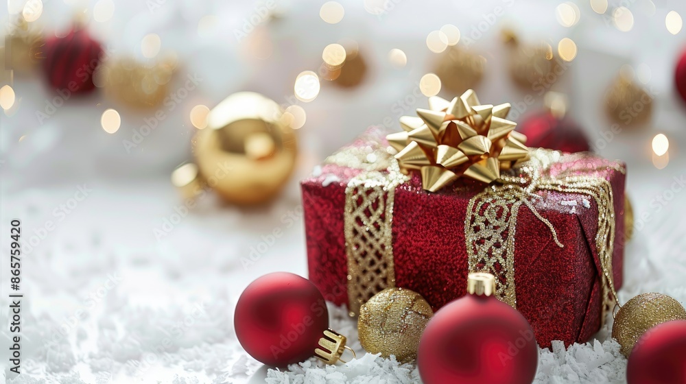 Festive Holiday Decorations Red and Gold Gift Box and Ornaments on White Background Festive Holiday Decorations Red and Gold Gift Box and Ornaments on White Background