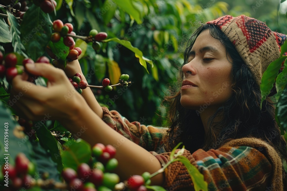 Young woman picking coffee from a coffee plantation in Brazil