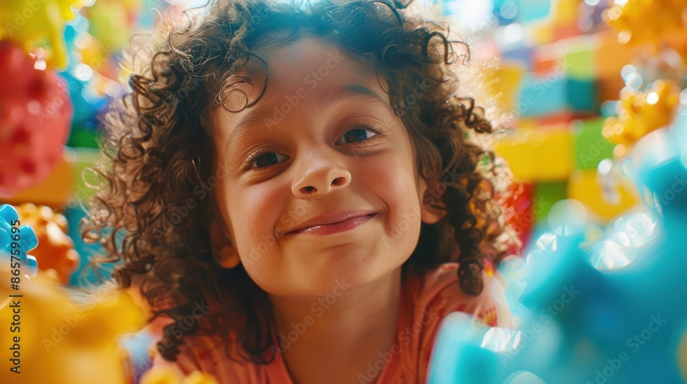 A young boy is playing with a large pile of colorful building blocks. A young boy is playing with a large pile of colorful building blocks.