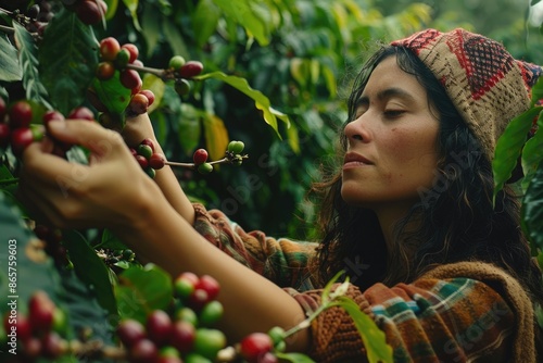 Obraz na płótnie Young woman picking coffee from a coffee plantation in Brazil w salonie