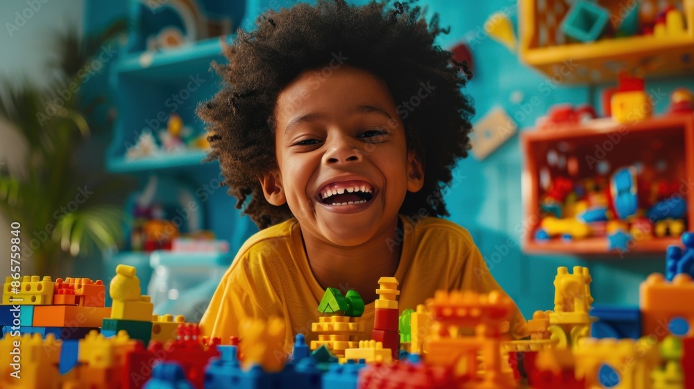 A young boy is playing with a large pile of colorful building blocks. A young boy is playing with a large pile of colorful building blocks.