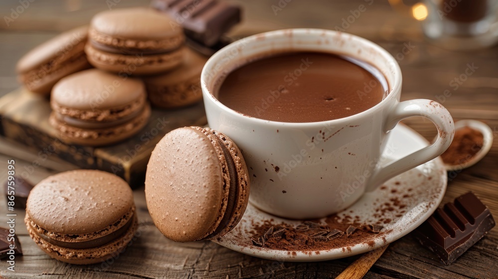 Macarons accompanied by a cup of hot chocolate placed on a wooden table Macarons accompanied by a cup of hot chocolate placed on a wooden table