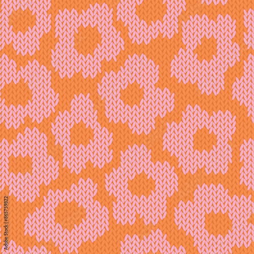 Knitted floral seamless pattern. Fabric imitation vector background. Flat style knit wallpaper with botanical print. Cute design for gift wrap, paper, textile
