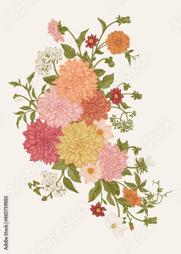 Autumn bouquet with blooming dahlia flowers and white honeysuckle berries. Vector botanical illustration. Colorful