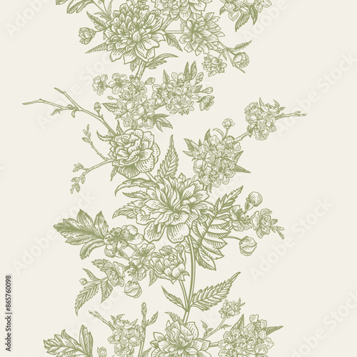 Vintage vertical seamless border. Cherry and kerry flowers. Green