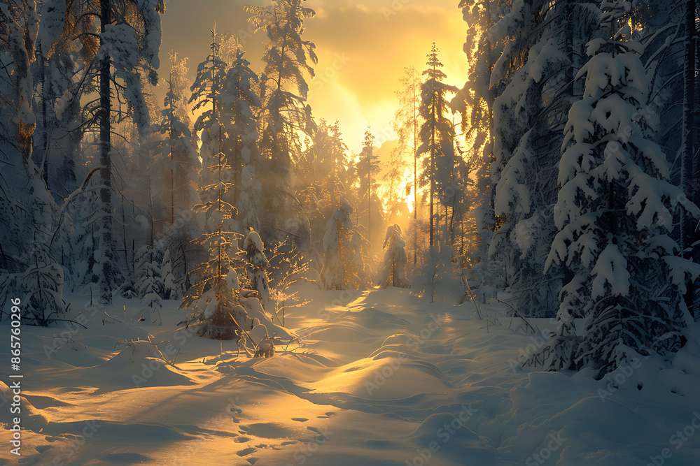 Mystical landscape of the Taiga Forest in Russia with dense coniferous trees and snowcovered ground Mystical landscape of the Taiga Forest in Russia with dense coniferous trees and snowcovered ground