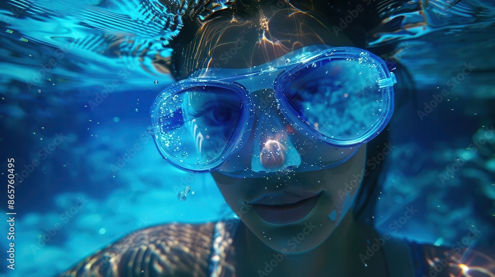 mermaidinspired swimmer with bioluminescent goggles exploring underwater alien coral reefs surreal ocean dreamscape mermaidinspired swimmer with bioluminescent goggles exploring underwater alien coral reefs surreal ocean dreamscape