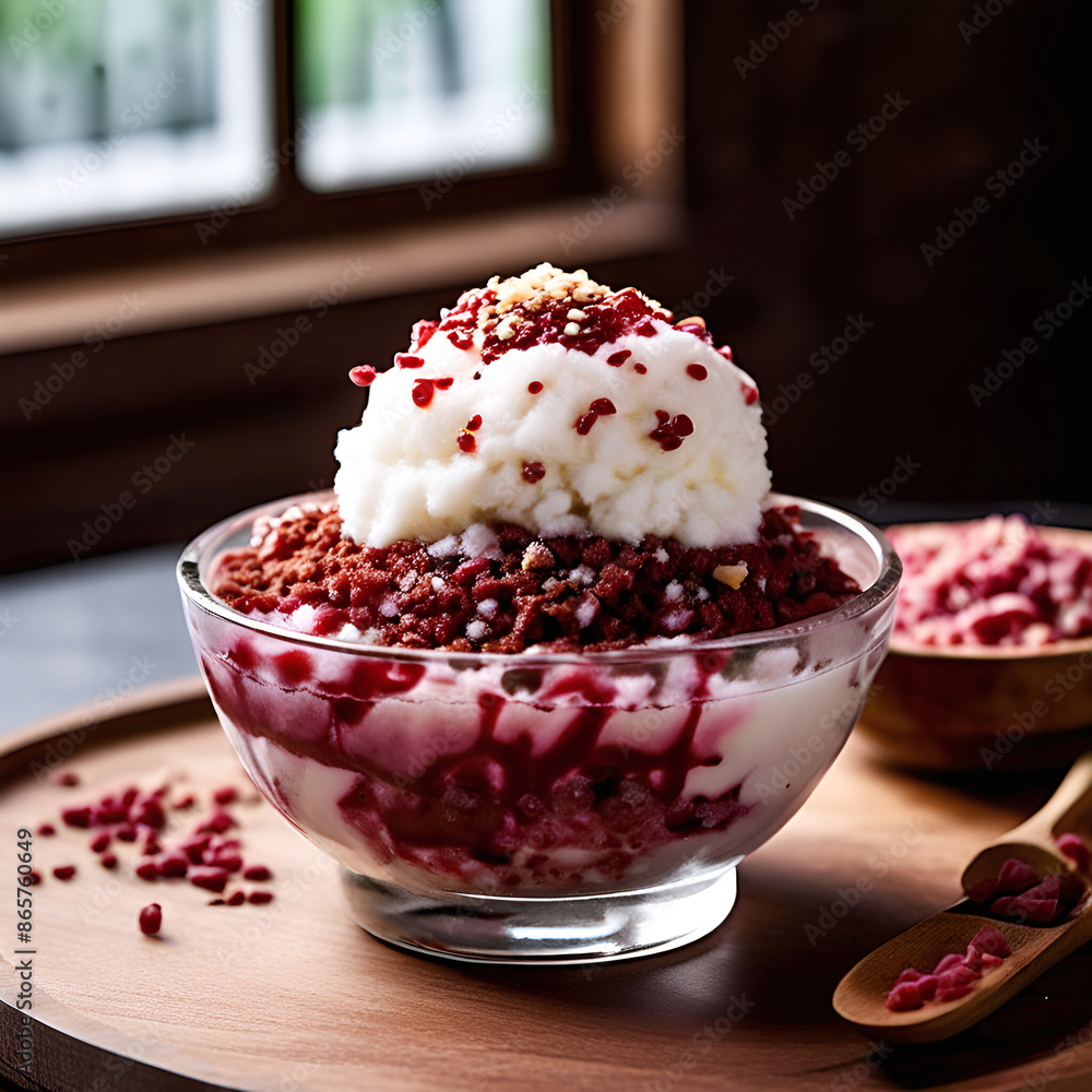Korean traditional patbingsu with sweet red bean, vanilla ice cream, and condensed milk on soft and finely shaved ice in a glass bowl Korean traditional patbingsu with sweet red bean, vanilla ice cream, and condensed milk on soft and finely shaved ice in a glass bowl