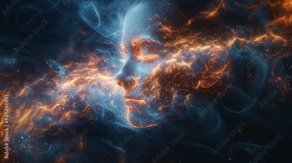 Abstract depiction of a face composed of fiery and smoky elements, blending with dark background Abstract depiction of a face composed of fiery and smoky elements, blending with dark background