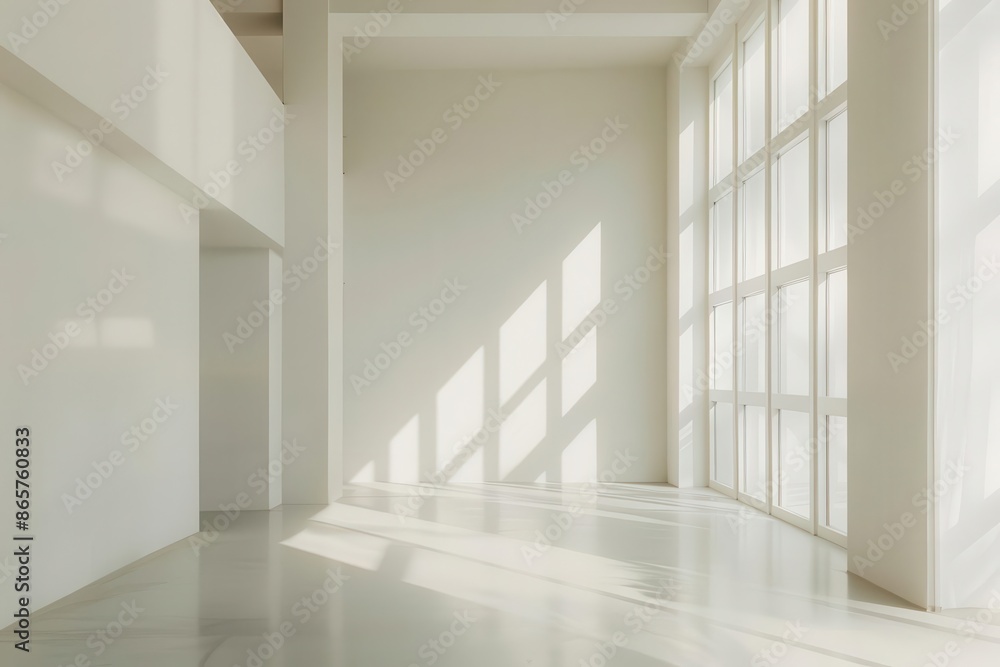 minimalist interior of an empty room with high ceilings and large windows soft diffused natural light creating subtle shadows clean lines neutral tones and a sense of tranquil spaciousness minimalist interior of an empty room with high ceilings and large windows soft diffused natural light creating subtle shadows clean lines neutral tones and a sense of tranquil spaciousness