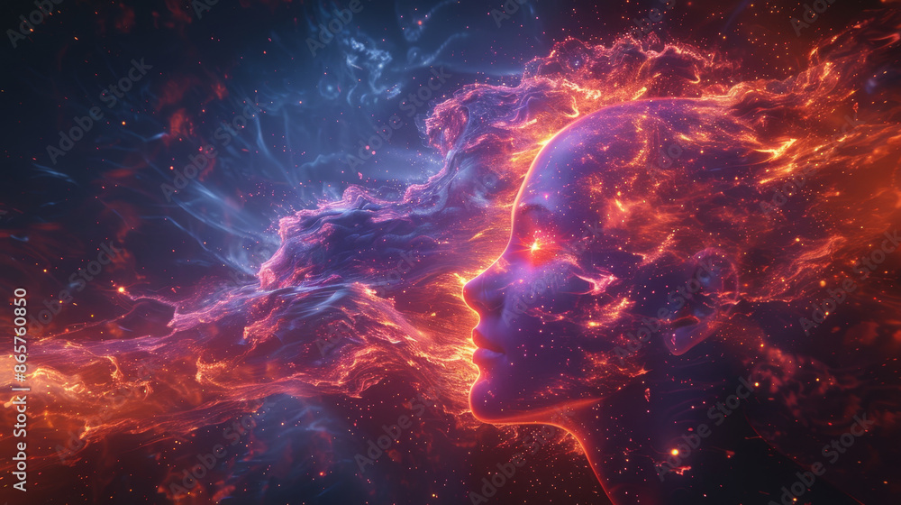 Surreal image of a human profile merged with cosmic elements, glowing with vibrant orange and blue hues Surreal image of a human profile merged with cosmic elements, glowing with vibrant orange and blue hues