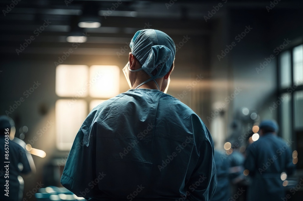 Surgeon standing in operating room with back to camera Surgeon standing in operating room with back to camera