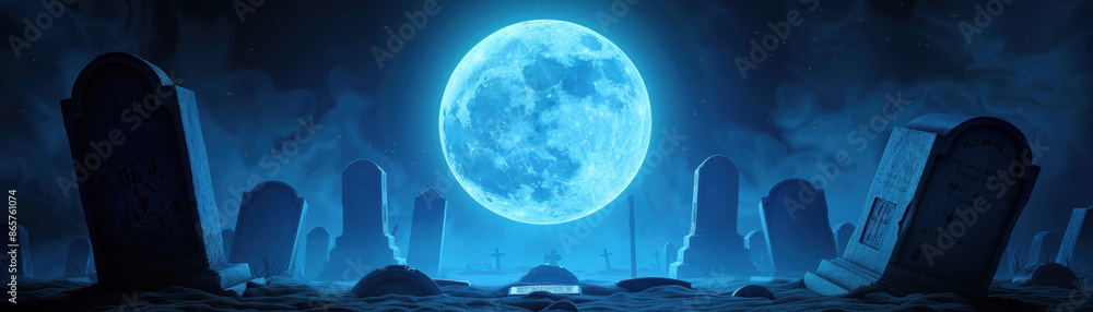 Full moon casting shadows on a graveyard with tombstones and fog, Halloween mockup, chilling landscape Full moon casting shadows on a graveyard with tombstones and fog, Halloween mockup, chilling landscape