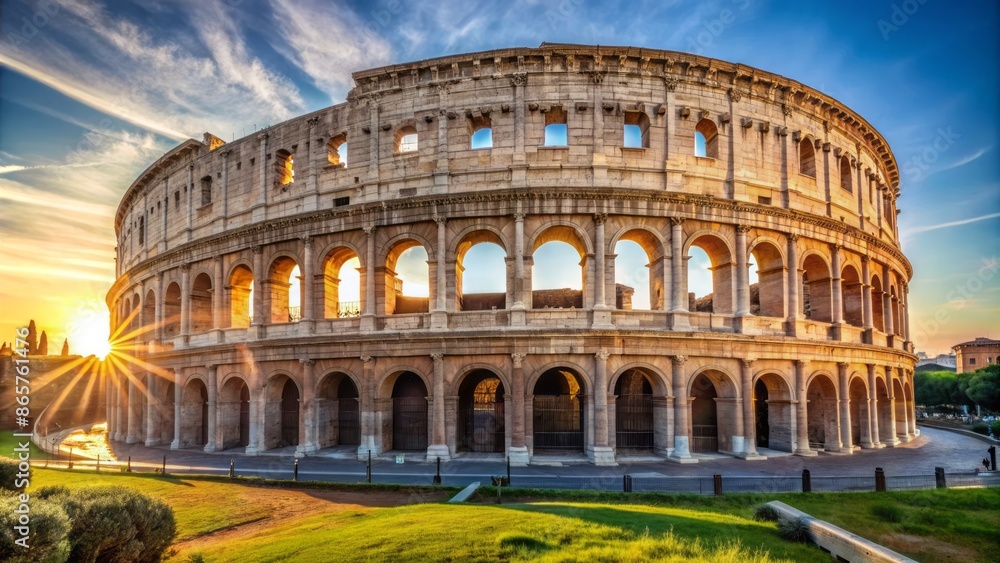 Fototapeta premium Ancient historic landmark, Coliseum, Rome, Italy, grandiose, oval-shaped, imposing, stone, architecture, iconic, majestic, arches, columns, sunshine, blue sky.