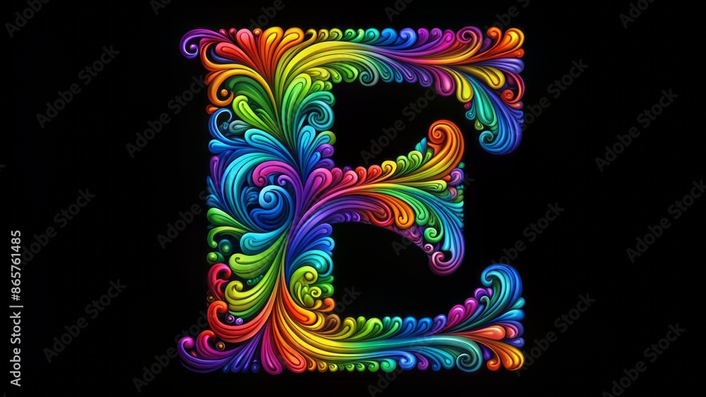 Vibrant, swirling, abstract design featuring stylized, ornate, and colorful alphabet letter E in a mesmerizing rainbow-inspired artistic composition. Vibrant, swirling, abstract design featuring stylized, ornate, and colorful alphabet letter E in a mesmerizing rainbow-inspired artistic composition.