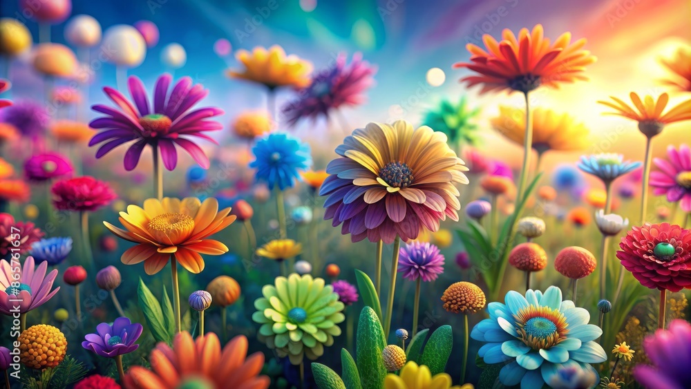 Fototapeta premium Vibrant 3D-rendered abstract flower field blooms in every color of the rainbow against a serene, soft-focus springtime background.